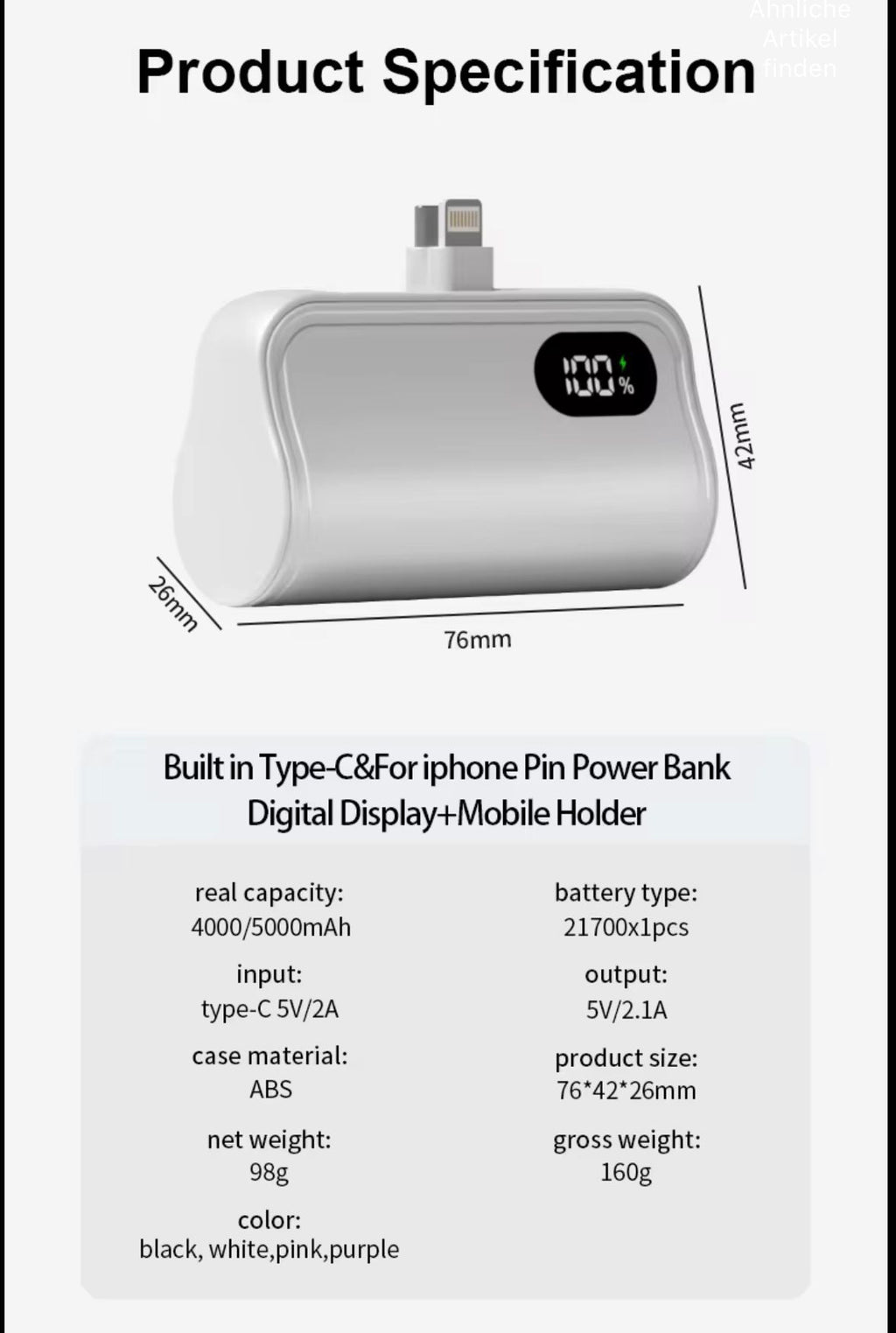 3-in-1 Mini Powerbank mit Display & Kabelhalter 5000mAh