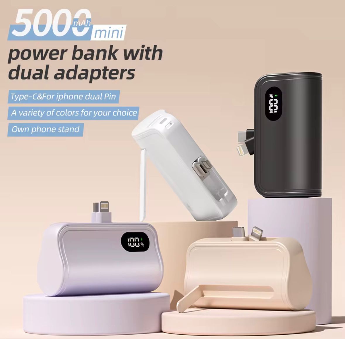 3-in-1 Mini Powerbank mit Display & Kabelhalter 5000mAh