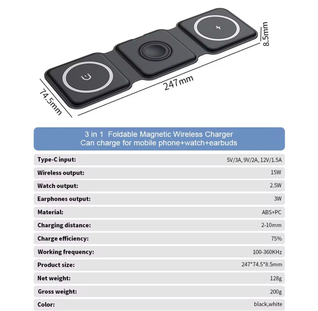 3-in-1 Faltbares Magnetisches Wireless Ladegerät 15W Schnellladen
