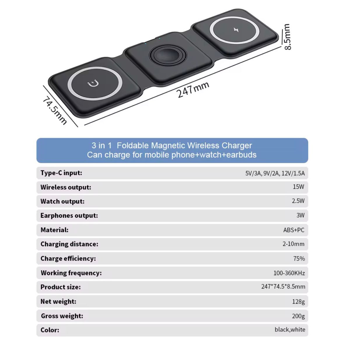 3-in-1 Faltbares Magnetisches Wireless Ladegerät 15W Schnellladen